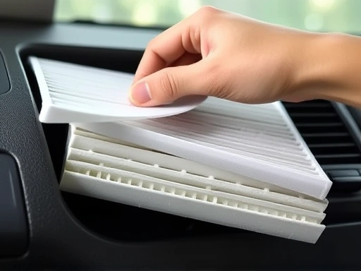 Close-up view of a hand replacing a filter in a car air purifier, showing the HEPA and activated carbon layers, emphasizing maintenance and clean air technology.