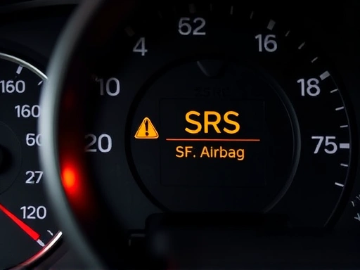 Close-up view of a car's instrument cluster, specifically highlighting the SRS (Supplemental Restraint System) airbag warning light, indicating a critical safety check.