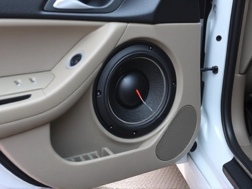A detailed shot of a car's door panel removed, revealing a speaker with new wires connected, focusing on the installation process and sound dampening material.