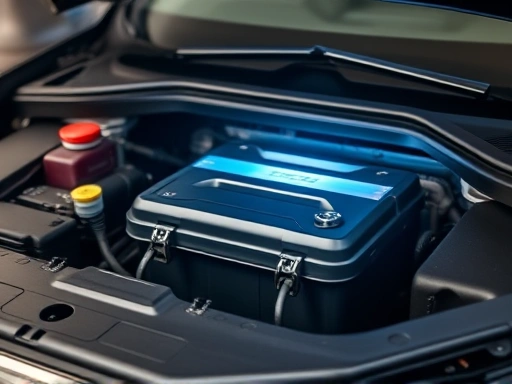 A modern car's engine bay with a focus on the battery, an abstract glow suggesting energy and longevity, clean terminals, hinting at maintenance and care.