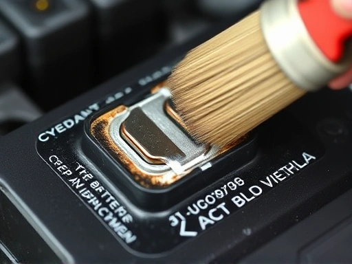 Close-up of a car battery terminal being cleaned with a brush, showing clear, corrosion-free connections and a focus on detail and meticulous care.