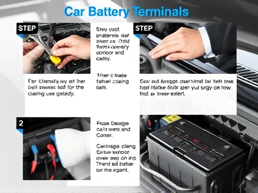 A detailed step-by-step guide on cleaning car battery terminals, showing tools and the car engine bay, emphasizing safety with a bright, clean look.