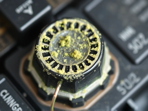 Close-up view of a car battery terminal, showing visible corrosion (green/white powder) before cleaning, highlighting the problem clearly.