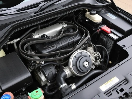 A car engine bay with a clear view of the serpentine belt and pulleys, emphasizing auto maintenance and DIY readiness.
