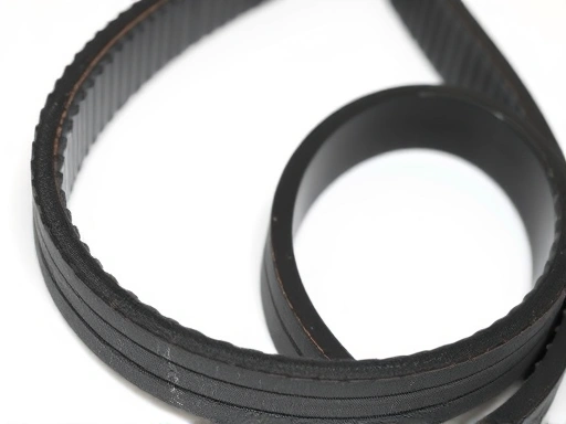 A close-up of a worn serpentine belt showing cracks and fraying, with a clean new belt ready for replacement nearby.