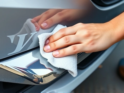A detailed image of a person gently polishing a car's chrome bumper with a microfiber cloth, showcasing the reflective surface. Soft natural light, focus on the chrome. SEO keywords: chrome polishing, car detailing.