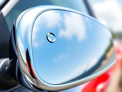 A close-up shot of a car's side mirror with a perfectly shiny chrome trim, reflecting a clear sky. A water droplet is visible on the polished surface, demonstrating protection. SEO keywords: chrome protection, car shine.