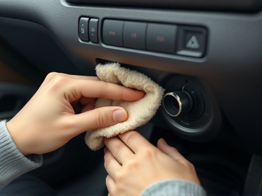 A clean and well-maintained car interior focusing on the cigarette lighter socket, showing a person carefully cleaning it with a soft cloth, emphasizing safety and care.