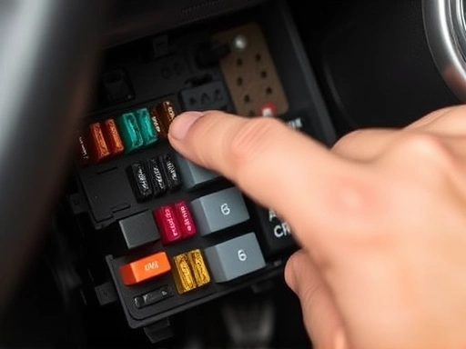 Close-up of a car's fuse box, with a hand pointing to a specific fuse, illustrating the process of checking or replacing a blown fuse for car accessories.