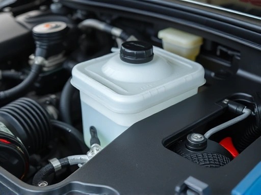A detailed shot of a car engine bay, highlighting the coolant reservoir with 