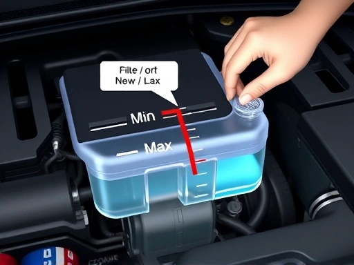 An illustration showing a car engine bay with a transparent coolant reservoir, highlighting the 'Min' and 'Max' lines and a person checking the coolant level, with a focus on safety and precision.