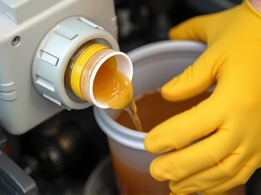 A close-up view of a car's coolant drain cock releasing old, discolored coolant into a proper collection container, emphasizing the importance of proper disposal and hands wearing protective gloves.