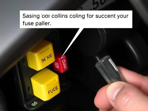 A detailed shot of a car's fuse box, showing a specific fuse for the cooling fan, with a small fuse puller tool indicating a check or replacement action.