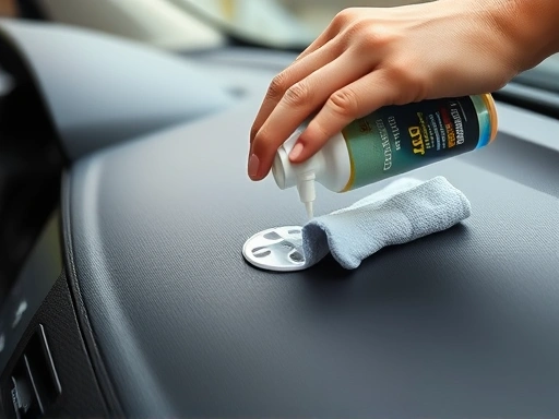 A close-up shot of a hand applying a protective agent onto a car dashboard, emphasizing the texture and cleanliness of the surface, with a microfiber cloth visible.