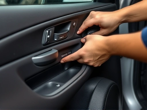 A close-up shot of a mechanic's hands carefully removing a car door trim panel, showing interior components and tools for handle replacement, emphasizing DIY car repair.