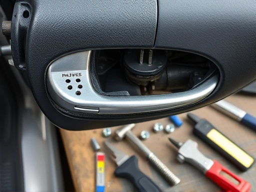 Detailed view of a broken car door handle with various tools laid out on a workbench, highlighting intricate parts, bolts, and the repair process.