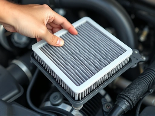 Close-up view of a new, clean car engine air filter being inserted into the air filter box, with the engine and intake hose slightly blurred in the background, highlighting the replacement process.