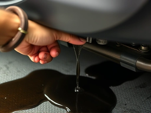 A detailed close-up of a mechanic's hand pointing to a fresh engine oil leak under a car, with a pool of dark oil on the ground.