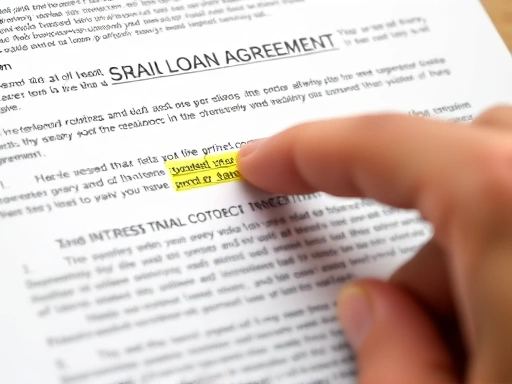 Close-up of a hand pointing to a car loan agreement with various sections highlighted, including interest rates, terms, and fine print, conveying the importance of careful review for smart decision-making.