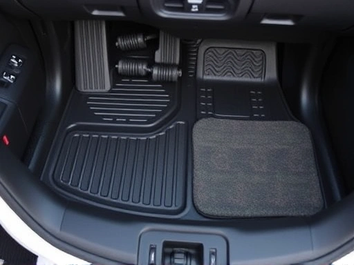 A clean, well-maintained car interior with various types of floor mats displayed: a coil mat, a rubber mat, and a fabric mat, emphasizing comfort and cleanliness.