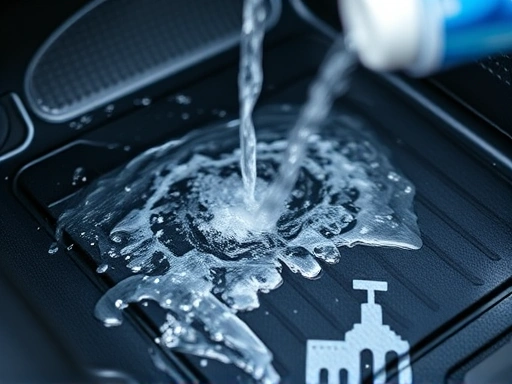 Close-up shot of a car floor mat being thoroughly cleaned with water and soap, showing the texture of the mat and sparkling clean water, highlighting the cleaning process.