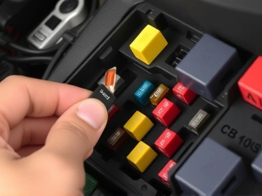A close-up view of a car's fuse box, with a hand using a fuse puller to remove a miniature blade fuse, highlighting the detailed electrical components and the process of fuse inspection.