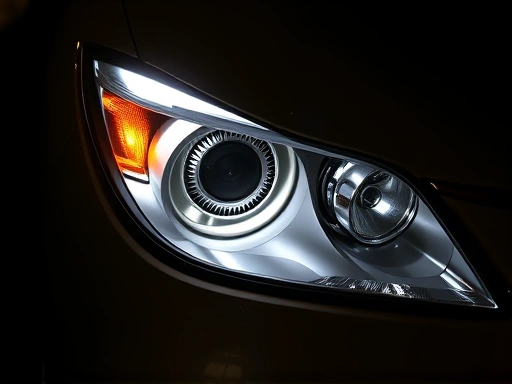 A detailed, clean car headlight, shining brightly on a dark road, symbolizing safety and clear vision. Focus on the light beam and the polished lens.
