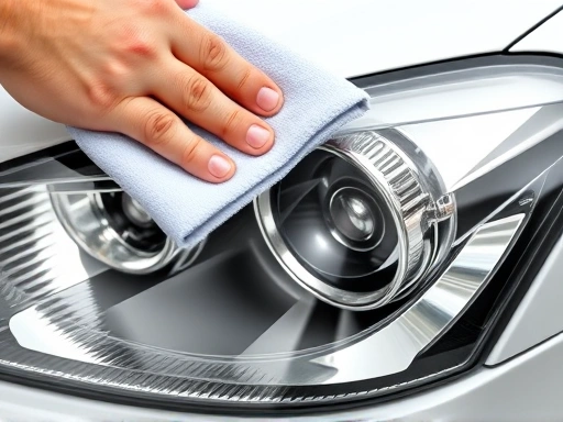 Close-up of a hand carefully wiping a car headlight with a microfiber cloth, showing the process of cleaning and restoration, with a clear, polished surface.