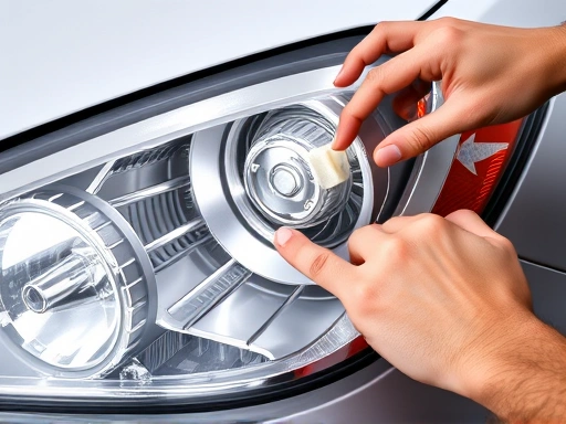 A close-up shot of a hand meticulously applying a headlight restoration compound onto a car headlight, with masking tape protecting the surrounding paint, highlighting the DIY headlight restoration process.