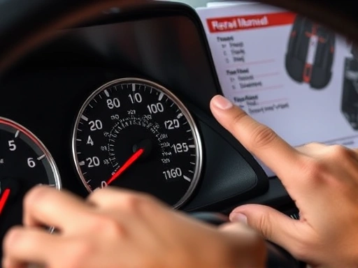 A close-up shot of a car dashboard showing a high RPM gauge, with a mechanic's hands pointing to diagnostic symbols and a repair manual in the background.