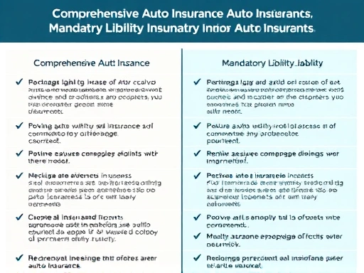 A detailed infographic comparing comprehensive auto insurance and mandatory liability auto insurance, highlighting their key features and differences in a clear, easy-to-understand layout.