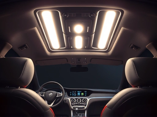A modern car interior with bright LED lighting, showcasing clarity and futuristic ambiance, focused on the central dome light. SEO keywords: car interior LED, bright lighting, modern car, DIY car upgrade.