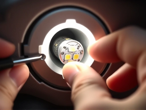 Close-up of a hand carefully inserting a T10 LED bulb into a car's interior light socket, with a plastic trim removal tool visible nearby. SEO keywords: LED bulb installation, car interior light, T10 LED, DIY car repair.