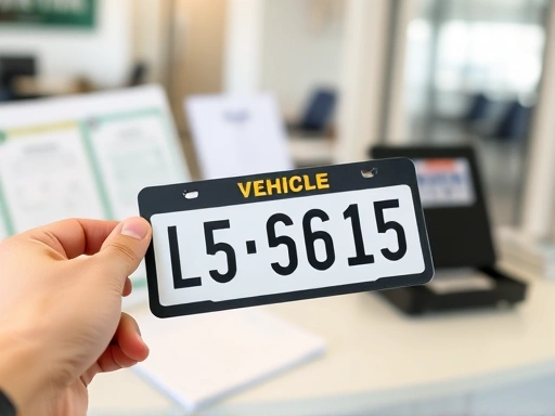 A person holding a new car license plate at a vehicle registration office, with blurred background of official documents and a counter.