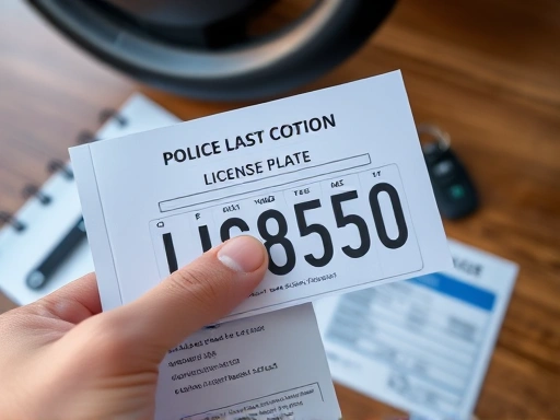 Close-up of a hand holding a lost car license plate report from the police station, with a car key and a vehicle registration card on a table.