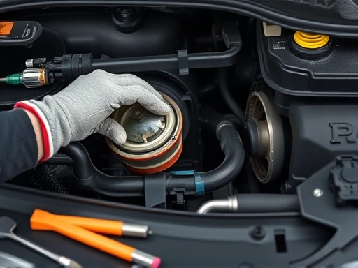 A pair of hands wearing work gloves carefully replacing a headlight bulb in a car's engine bay, with tools laid out next to it, conveying DIY car maintenance. SEO keywords: car bulb replacement, DIY car repair, headlight bulb.