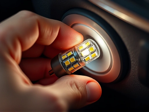 A close-up shot of a hand meticulously inserting a new automotive LED interior light bulb into its socket, showing the intricate details and careful process of self-replacement. SEO keywords: LED interior bulb, car light DIY, auto parts.