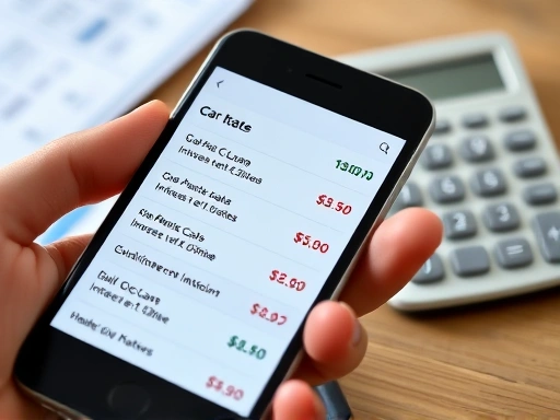 Close-up of a hand holding a smartphone displaying various car loan interest rates from different banks and financial institutions, with a calculator in the background.