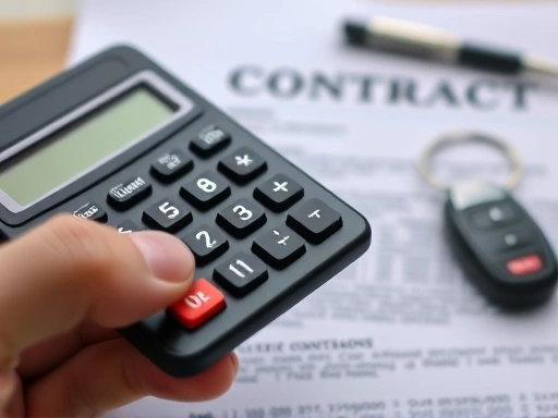 Close-up of a hand holding a calculator, with blurred car keys and a contract in the background, focusing on the financial calculation process.