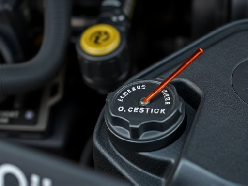 A close-up shot of a car's engine compartment showing the engine oil dipstick and oil filler cap, with clear labels for checking engine oil levels, emphasizing car oil pressure warning light causes.