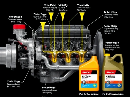 A detailed schematic of a car engine with different types of engine oils flowing through its components, highlighting viscosity and performance, with a clear focus on various oil bottles labeled with SAE and API ratings.