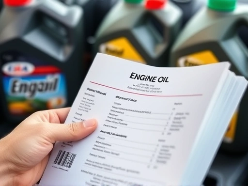 Close-up of a hand holding a car owner's manual open to the engine oil specification page, with various types of engine oil bottles (mineral, semi-synthetic, synthetic) blurred in the background, emphasizing decision-making.