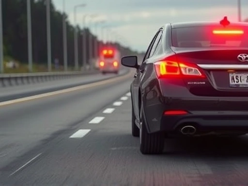A car experiencing a parking brake failure on a highway, with hazard lights on, illustrating immediate emergency response and safety. Realistic and clear scene.
