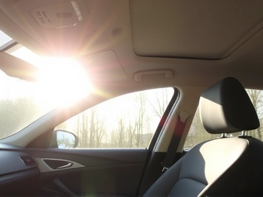 A clean car interior with sunlight streaming through the windows, showing no visible pollen, symbolizing effective allergy management in spring. Focus on comfort and fresh air.