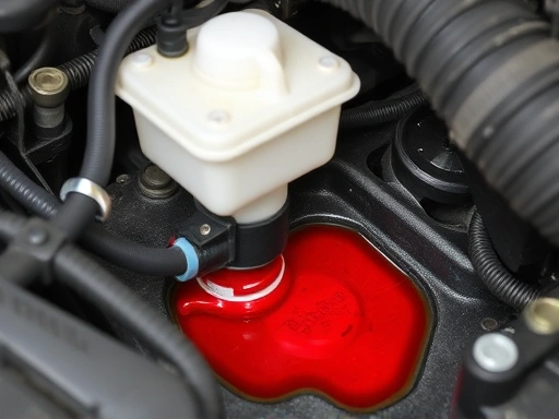 A detailed image showing a car's power steering fluid reservoir and hoses, with a visible red fluid leak underneath, indicating a common automotive problem.