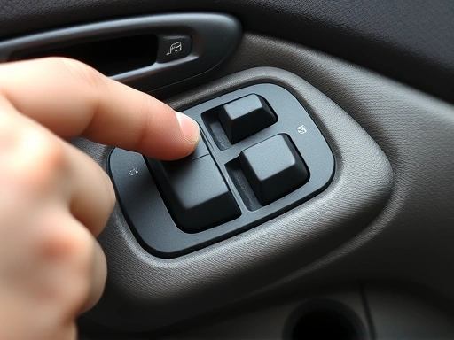 Close-up on a car's interior door panel, with a hand pointing at the power window switch, detailed view of the plastic and buttons, emphasizing worn textures.