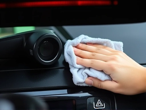 A hand holding a microfiber cloth gently wiping a dirty rearview camera lens on the back of a black car, showing improved clarity.