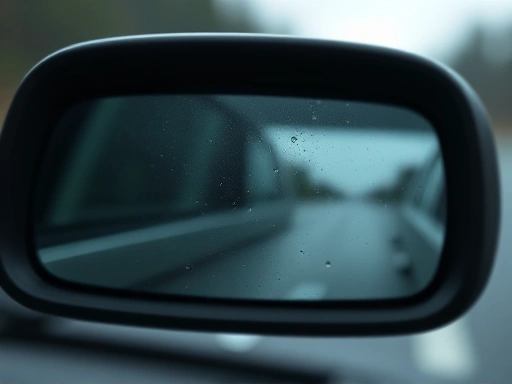 Close-up of a car's rearview camera lens, showing water droplets or smudges on the surface, with a blurred background.