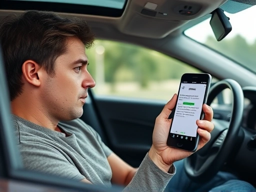 A person sitting in a car, looking at a smartphone screen displaying a recall notification, with a worried expression, dashboard visible. The scene emphasizes modern car ownership and digital information access.