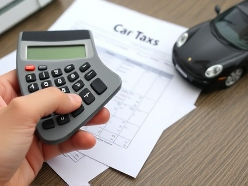 Close-up of a hand holding a calculator, with car tax forms and a car key on a table, symbolizing the process of calculating car ownership costs and financial planning.
